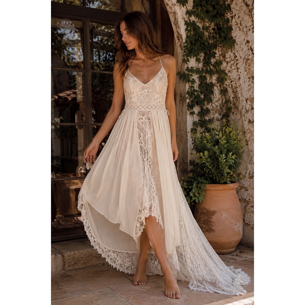 Liposa White Boho Lace Maxi Dress V-Neck Spaghetti Strap Wedding Bridal Gown